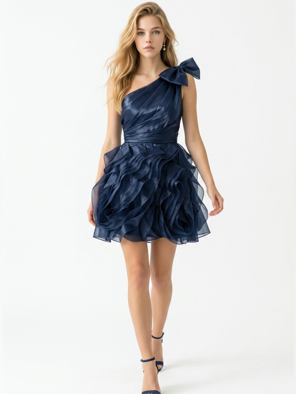 WHITE By Vera Wang One-Shoulder Navy Ruffle Cocktail Dress